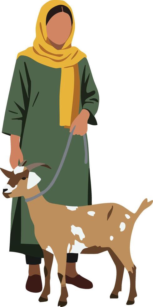 Woman wearing hijab and green dress walking a small brown and white goat on leash illustration vector