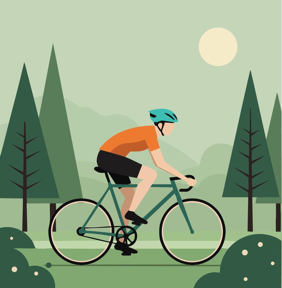 Man cycling on green bicycle through forest trees under pale sun in calm outdoor scene vector
