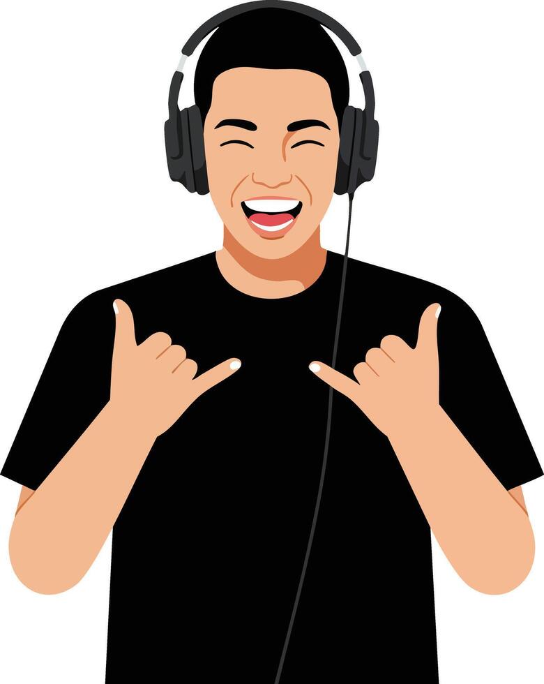 Young man enjoying music with headphones smiling and making shaka hand gesture in black t-shirt illustration vector