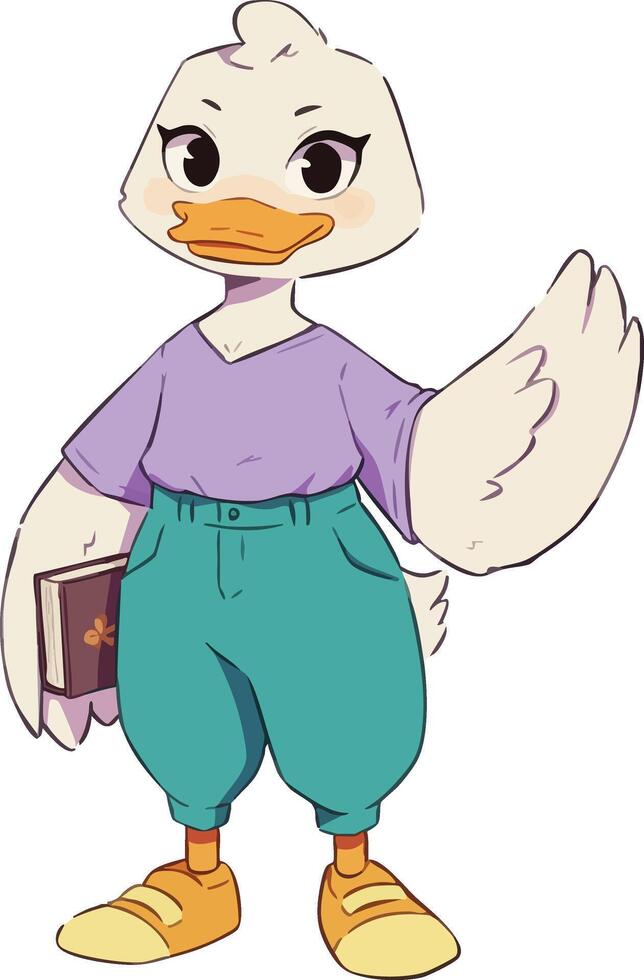 Anthropomorphic duck character holding book wearing purple shirt and green pants illustration vector