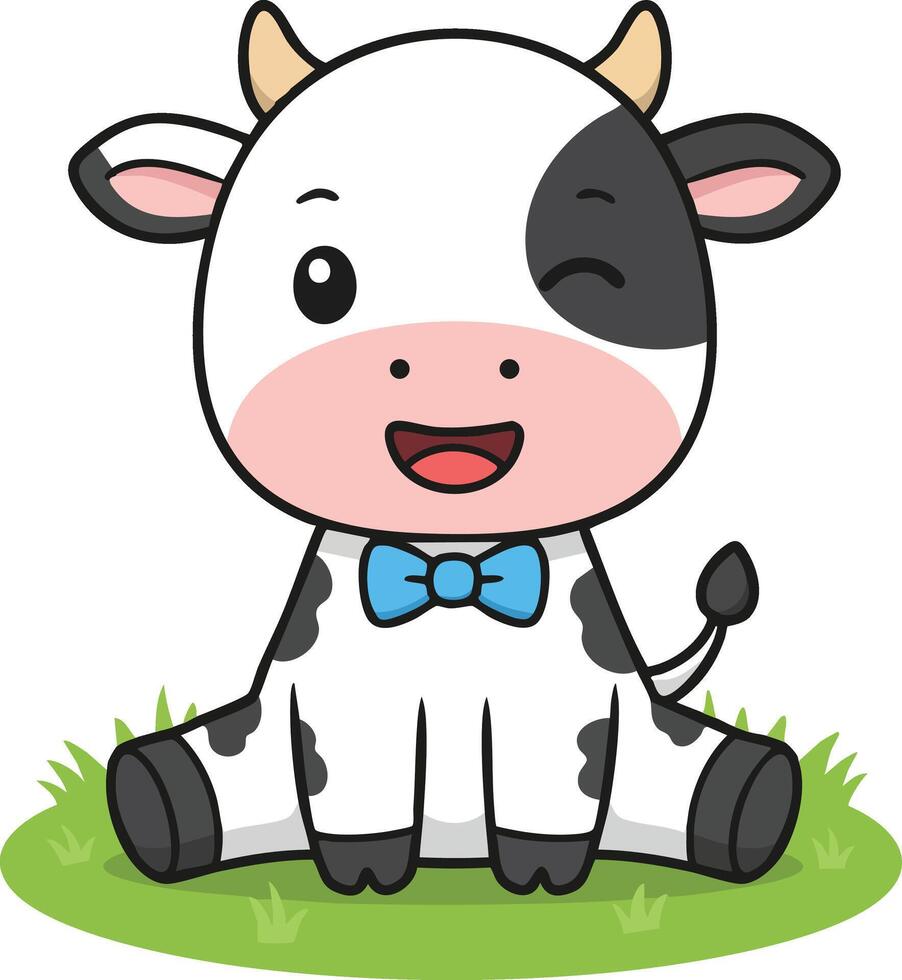 Cute cartoon baby cow sitting on grass with blue bowtie smiling and winking in illustration vector