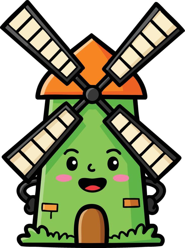 Cute green windmill with orange roof and smiling face cartoon illustration vector