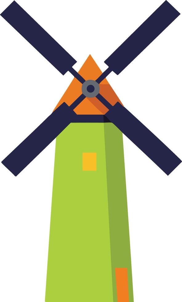 Traditional windmill with green tower and orange roof flat illustration for sustainable energy concept vector