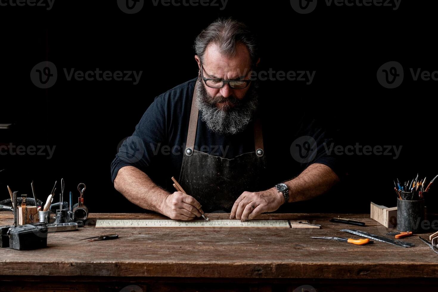 A bearded man is working on a piece of wood photo