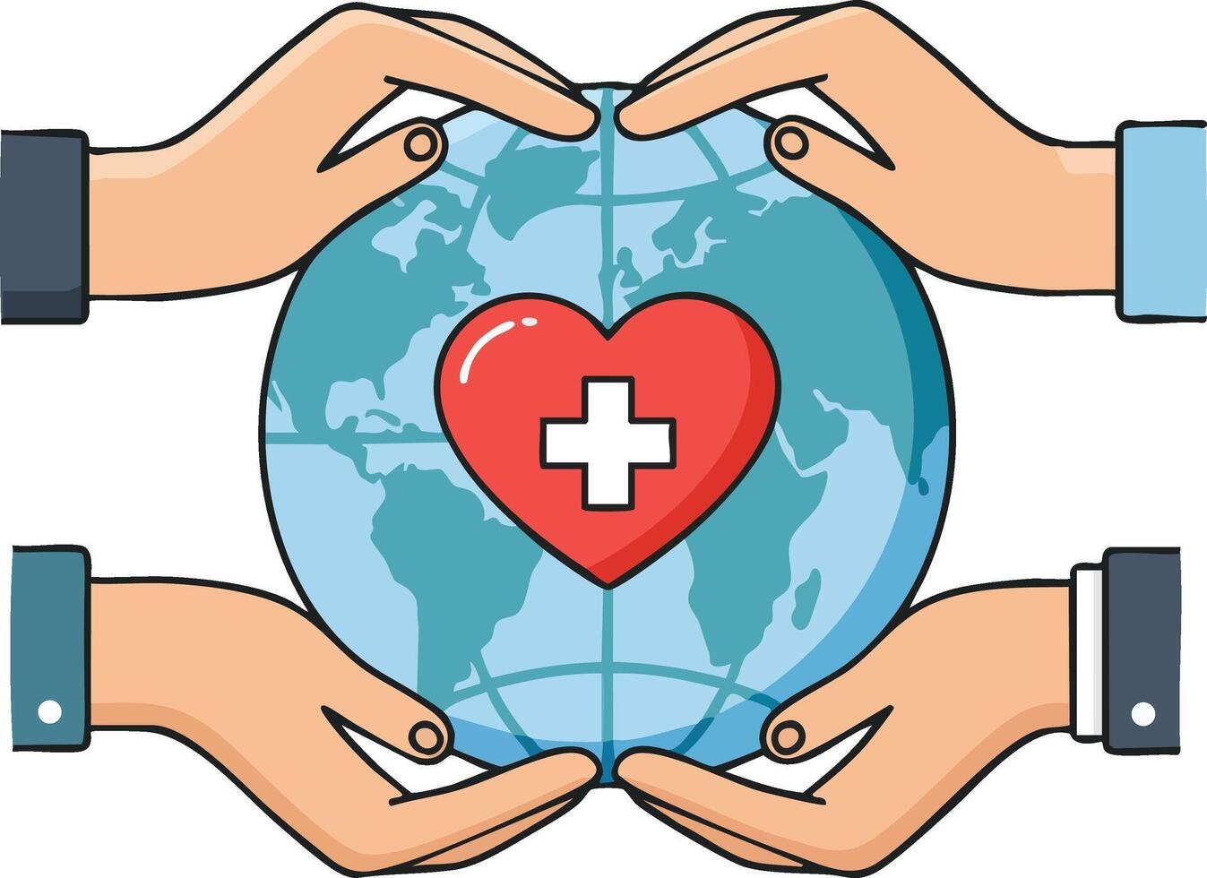 Hands Protecting Globe with Heart and Medical Cross Symbol Representing Global Healthcare and Medical Support vector