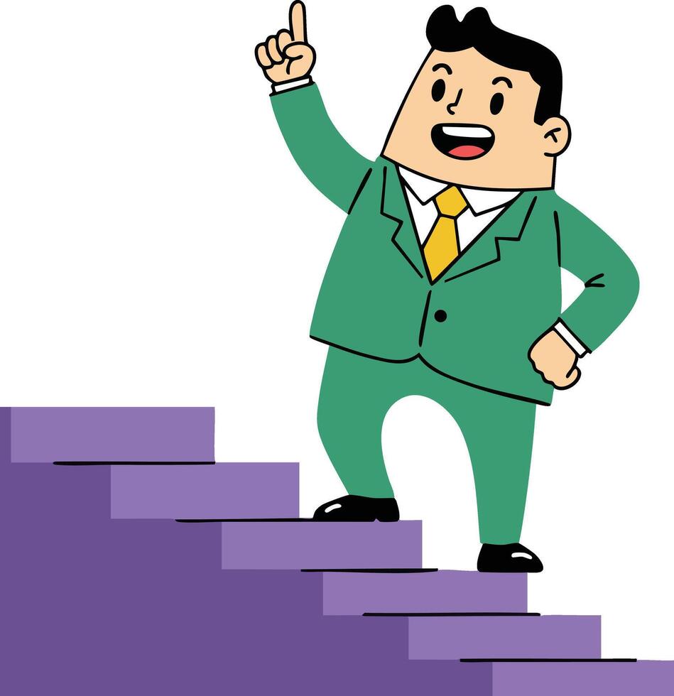 Businessman in green suit climbing purple stairs pointing upward symbolizing success and achievement in career growth illustration vector
