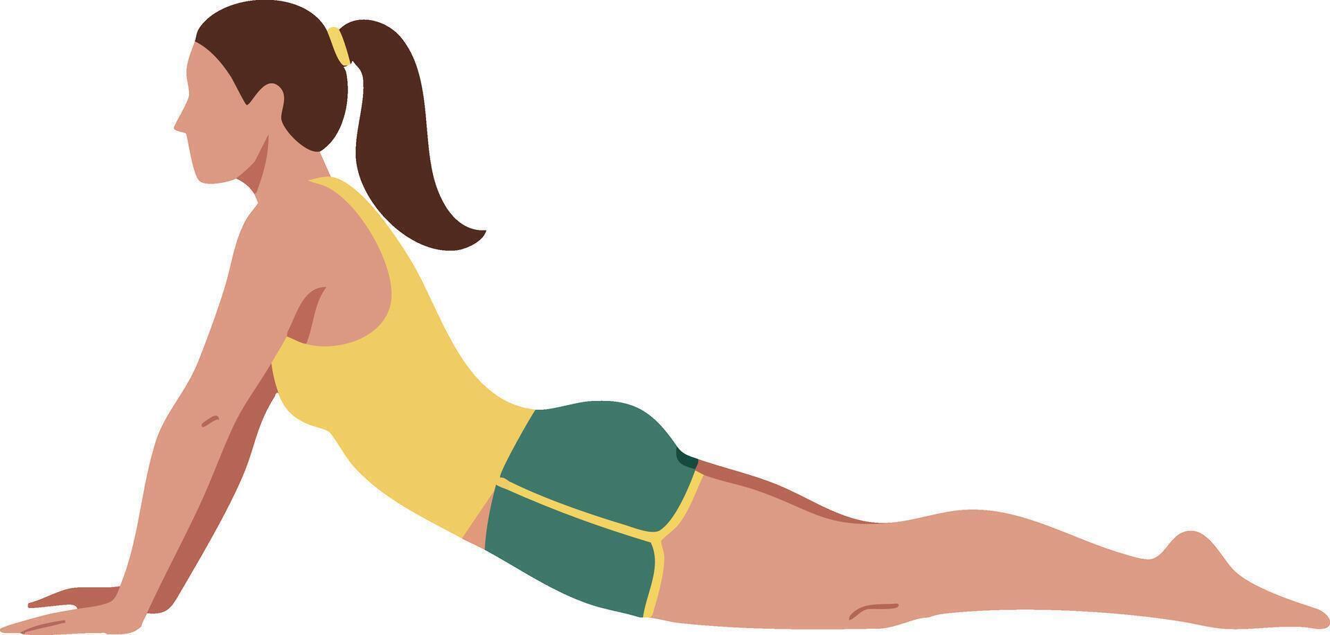Woman practicing yoga in upward dog pose wearing yellow top and green shorts fitness exercise illustration vector