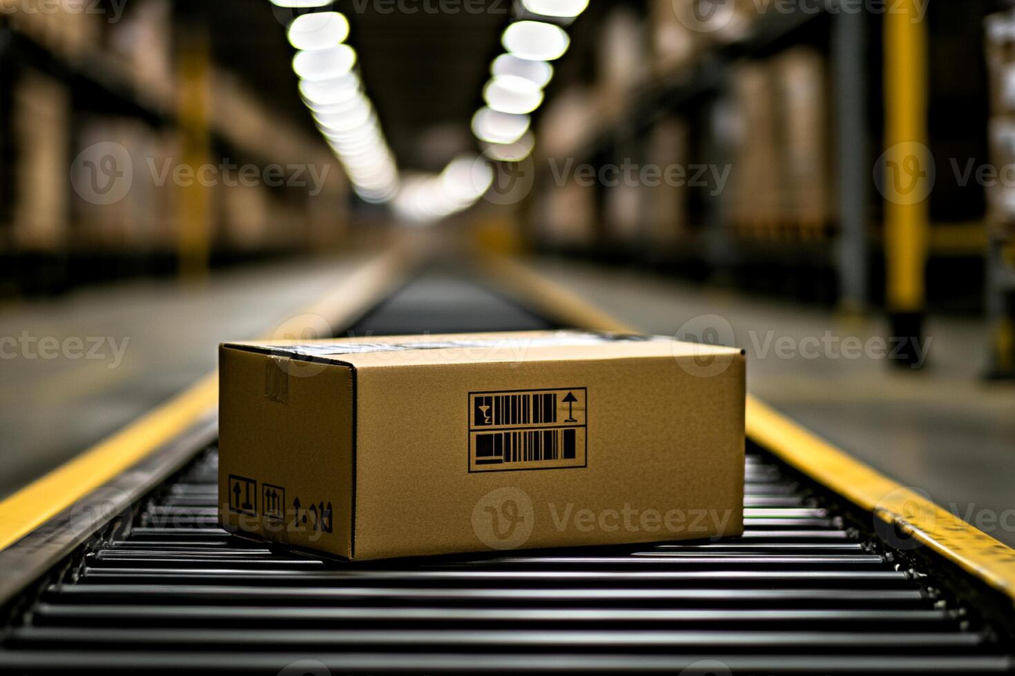 A cardboard box sitting on a conveyor belt in an empty warehouse photo