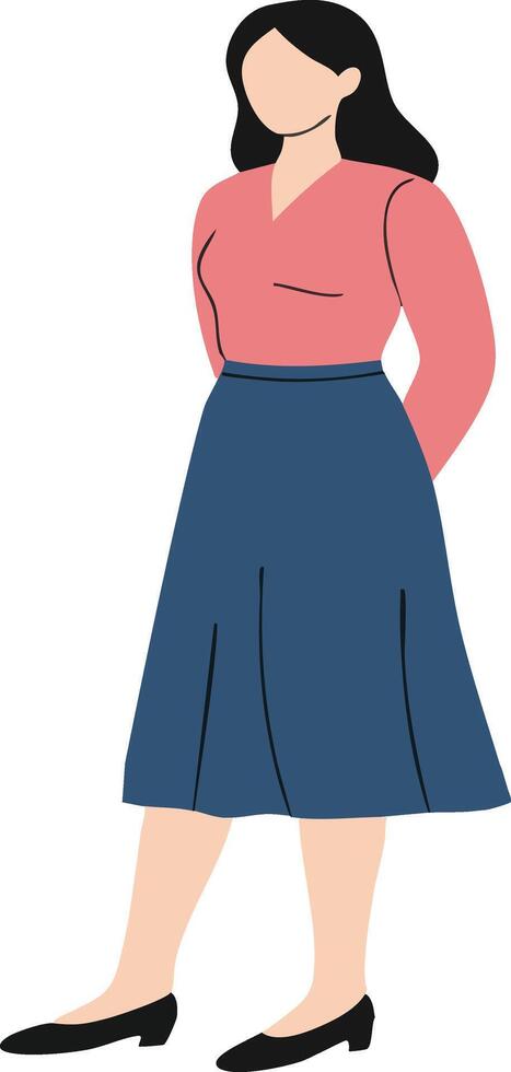 Woman standing in blue skirt and pink blouse illustration simple female character in casual outfit vector