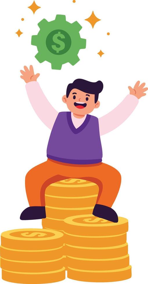 Man Sitting on Stack of Gold Coins with Gear and Dollar Symbol Above Financial Success Concept vector