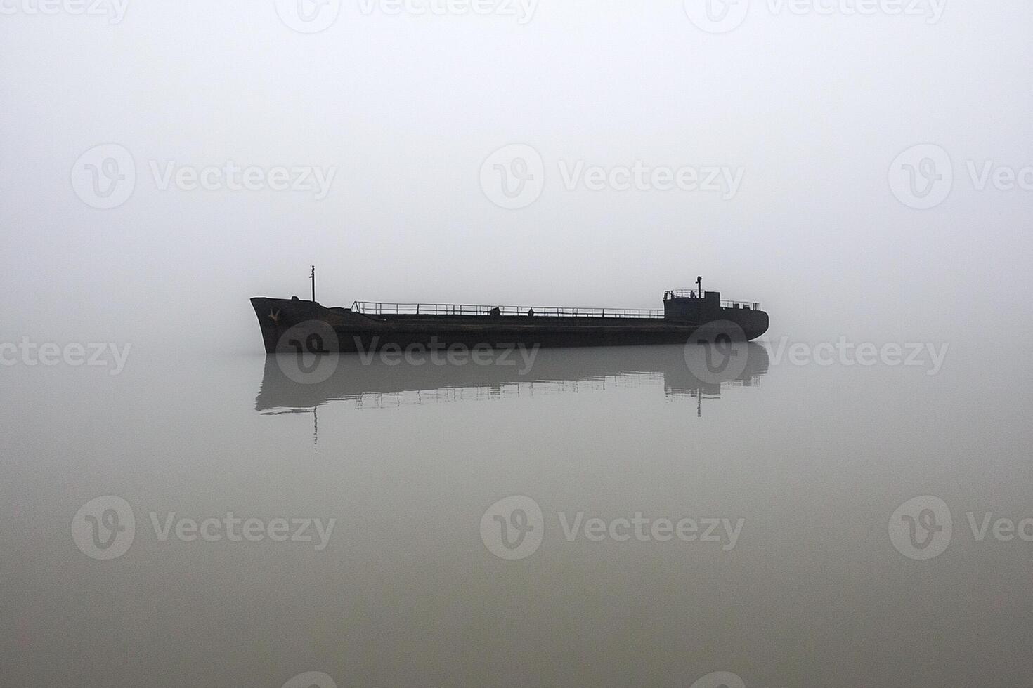 A boat sits on the water in the fog photo