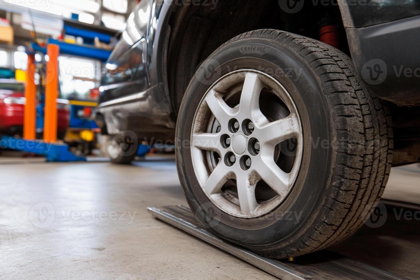 A car is being worked on in a garage photo