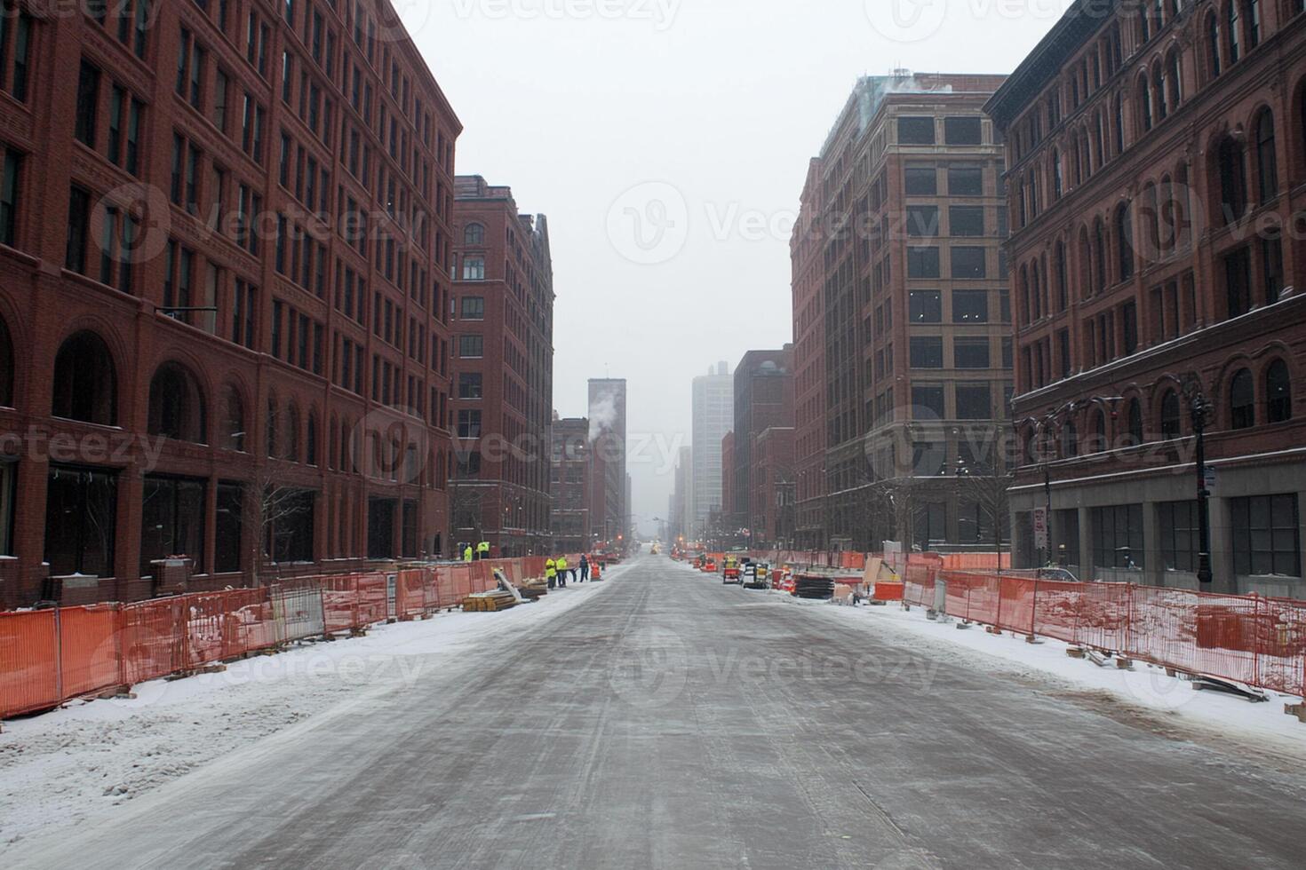 A street with snow on it and a construction site photo