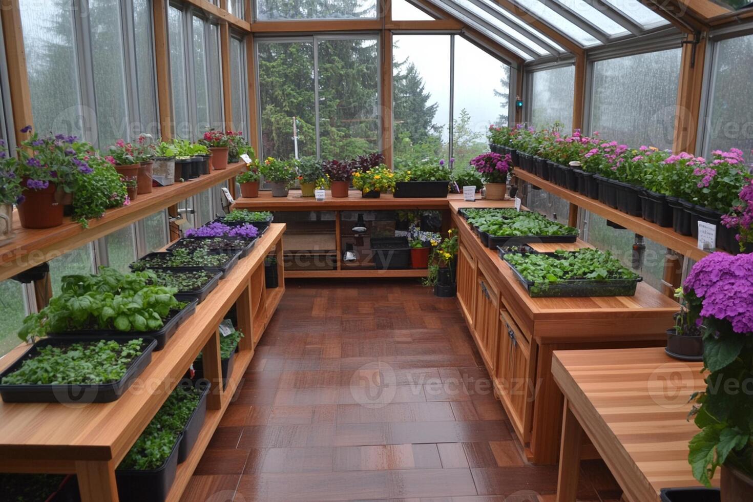 A large greenhouse with many plants and flowers photo
