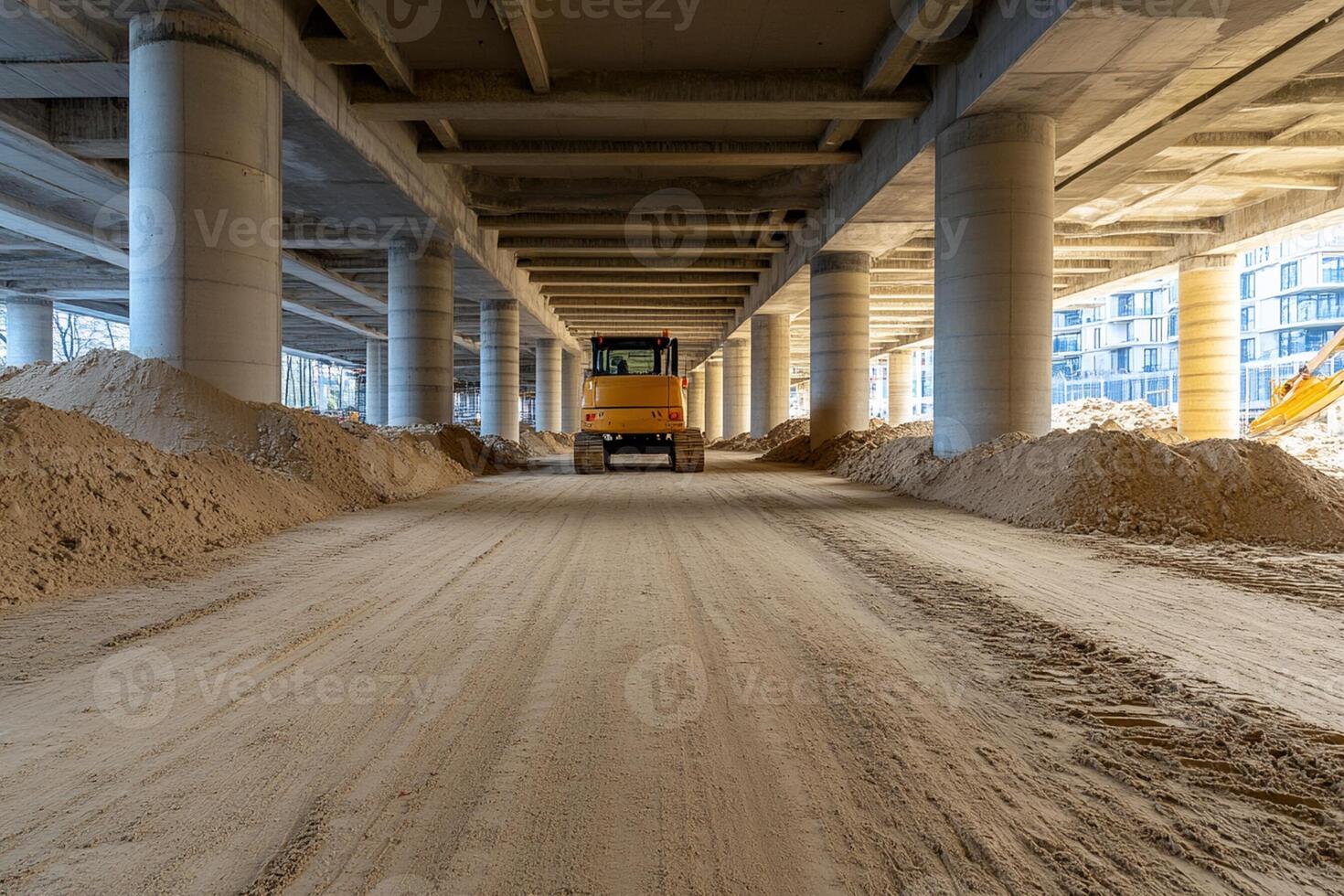 A construction vehicle driving under a bridge photo