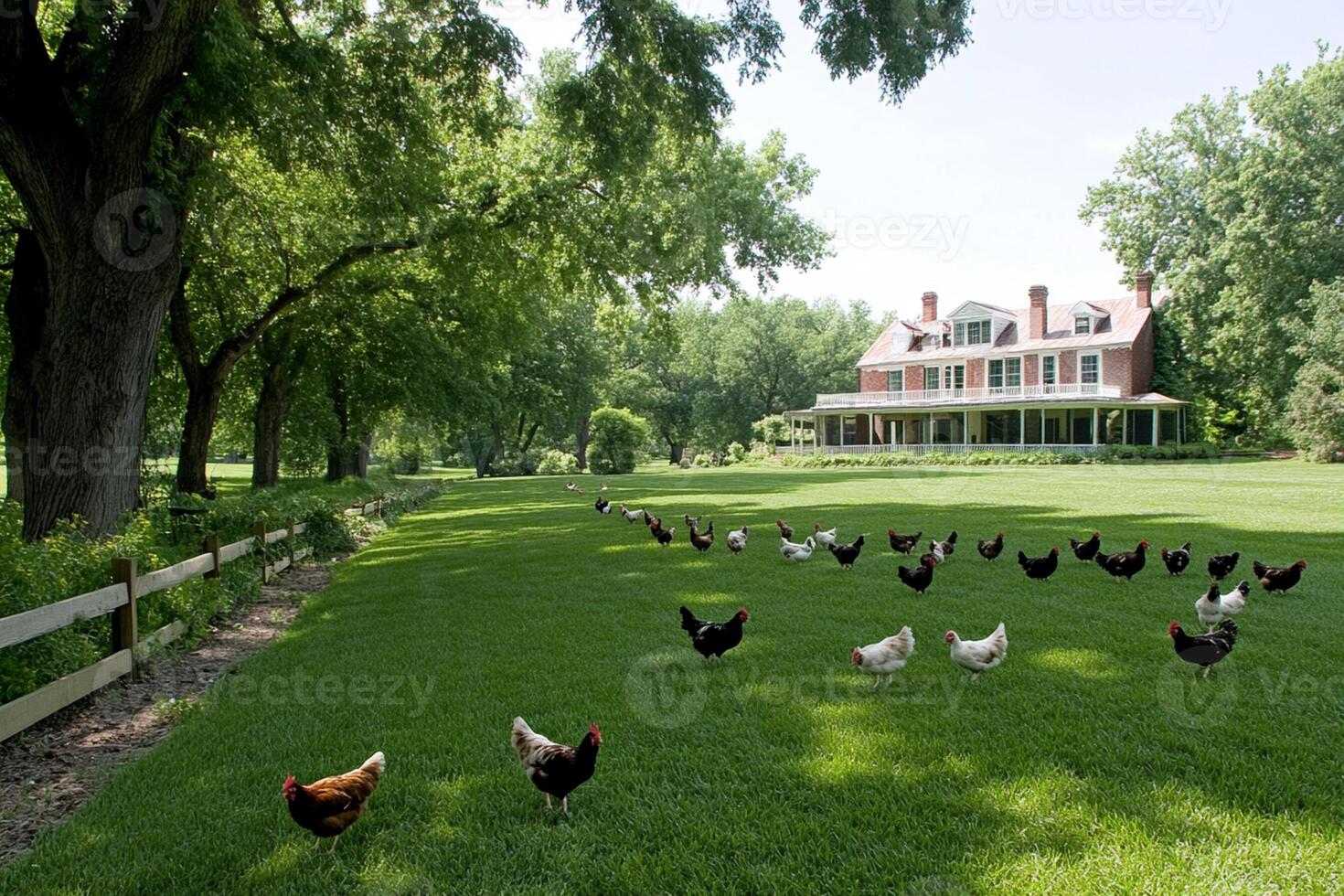 Chickens in the yard of a large house photo