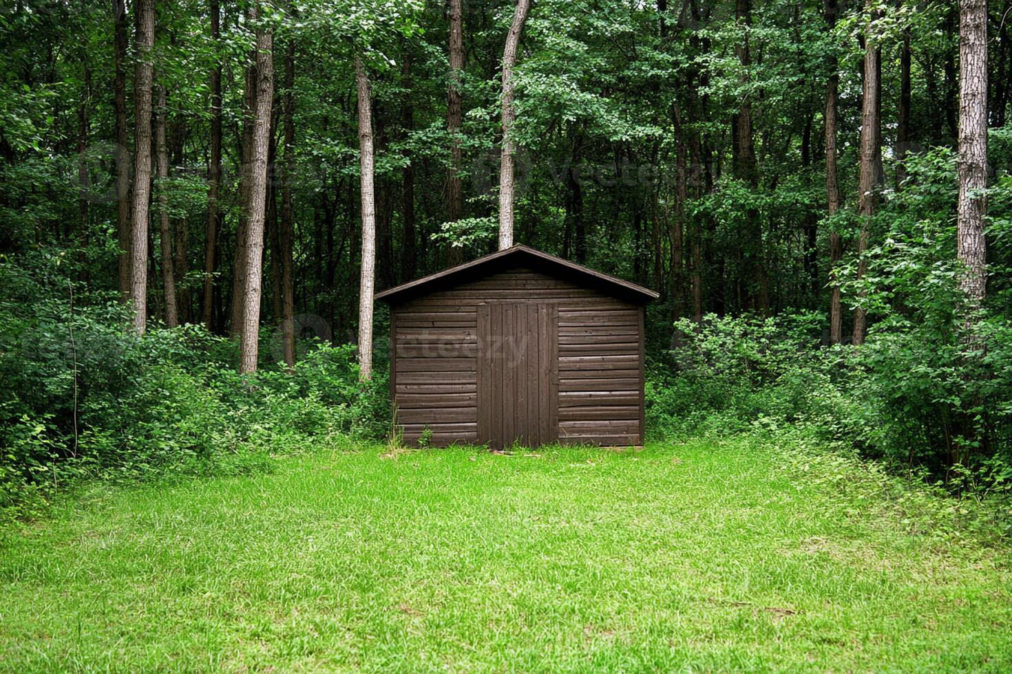 A small shed sits in the middle of a green field photo