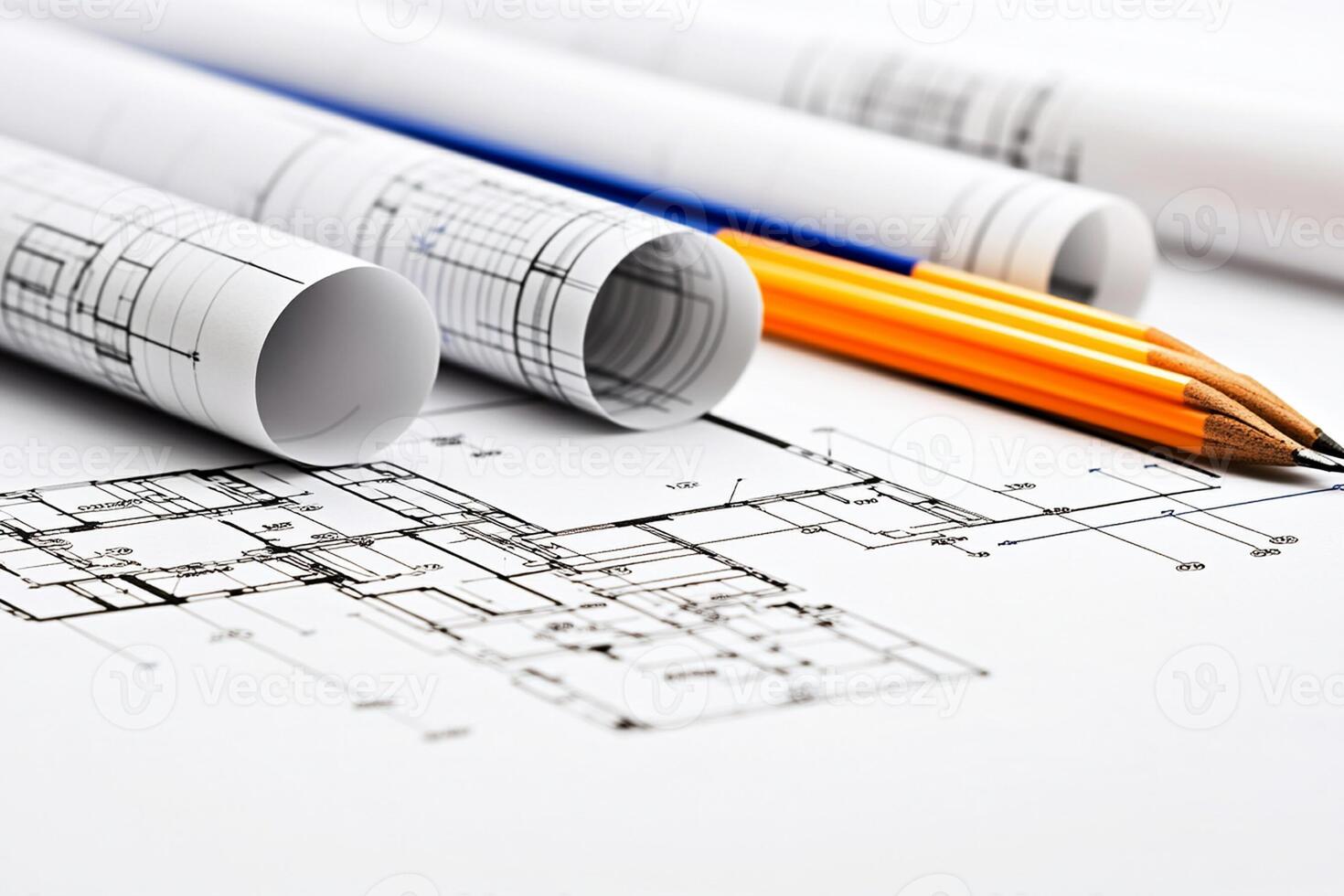 Architectural drawings and pencils on a table photo