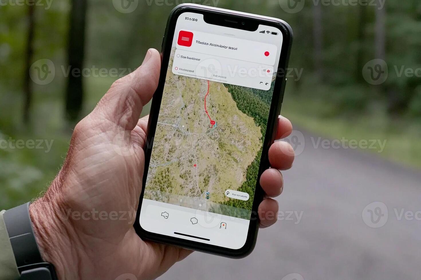 A person holding up a smartphone with a map on it photo
