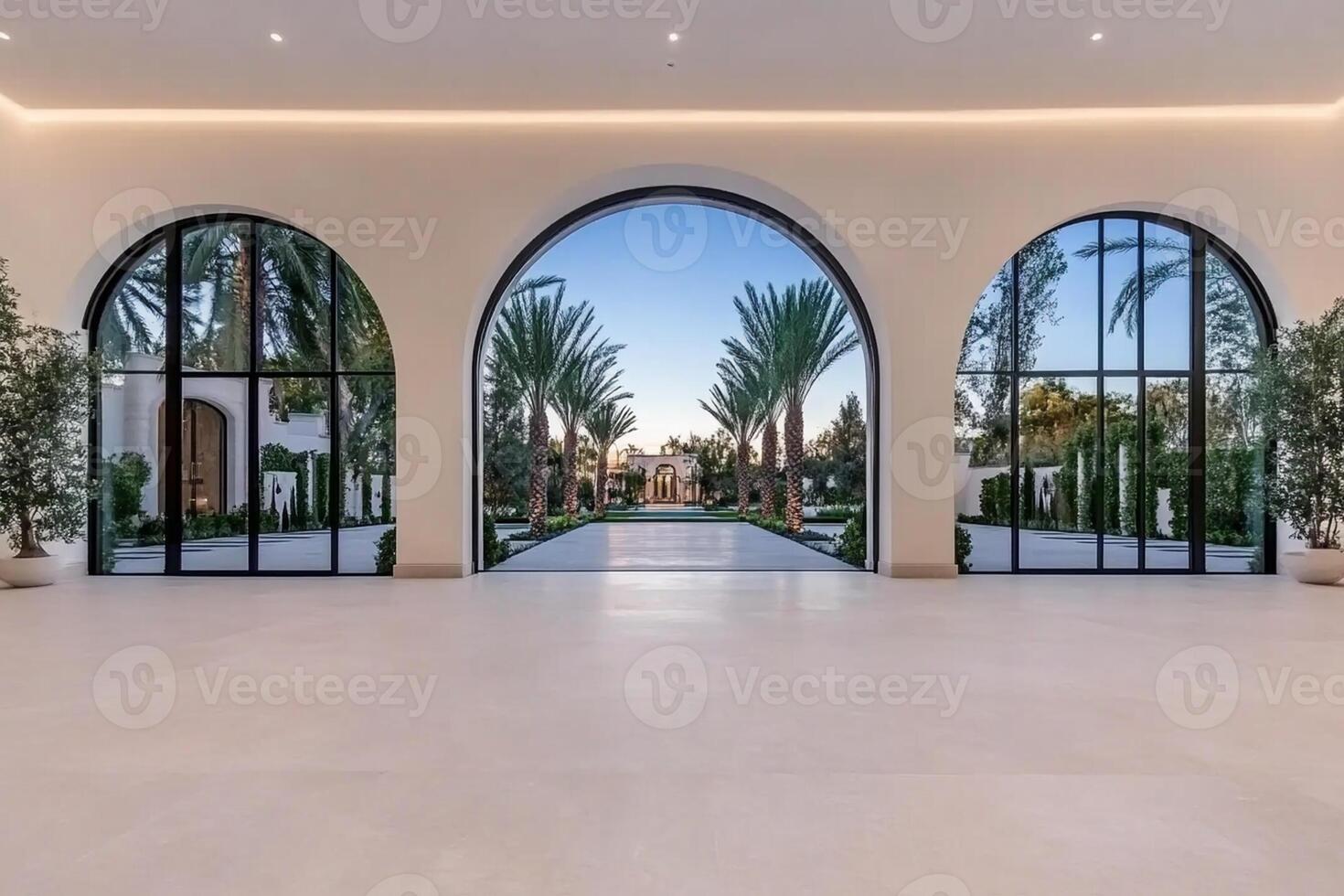 The inside of a large white house with arched windows photo