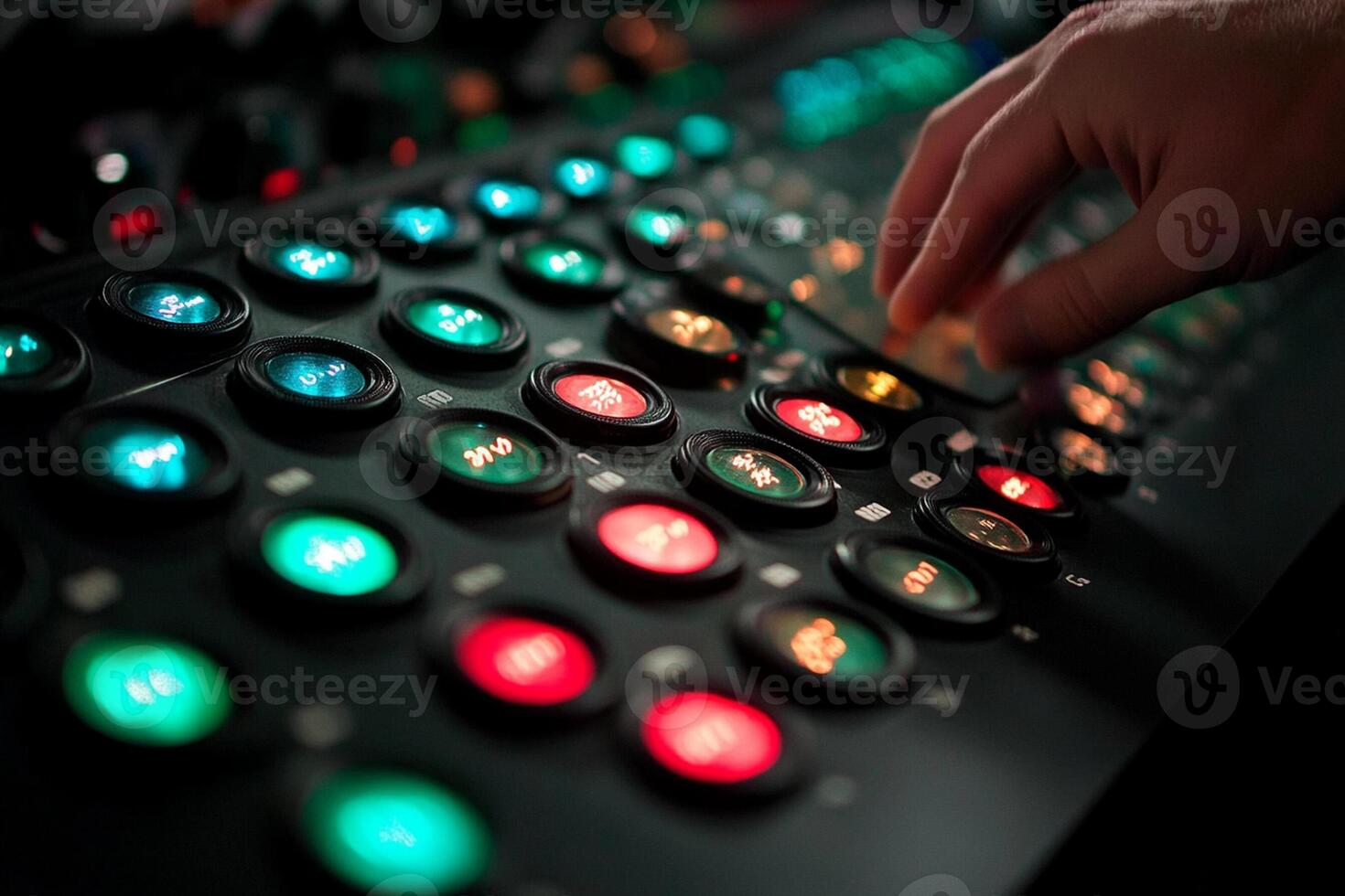 A person is touching a control panel with many buttons photo