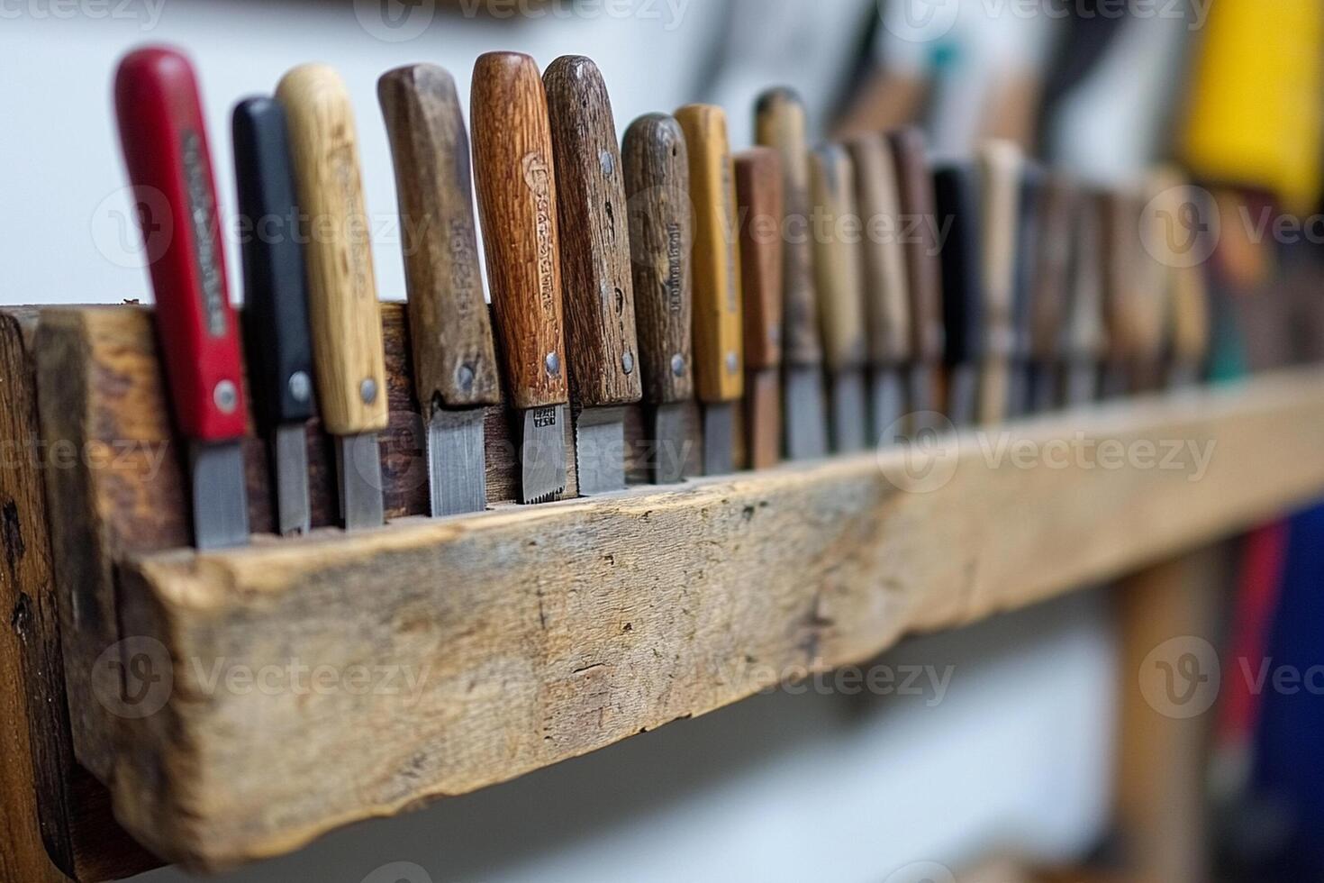 A wooden shelf with many different types of knives photo