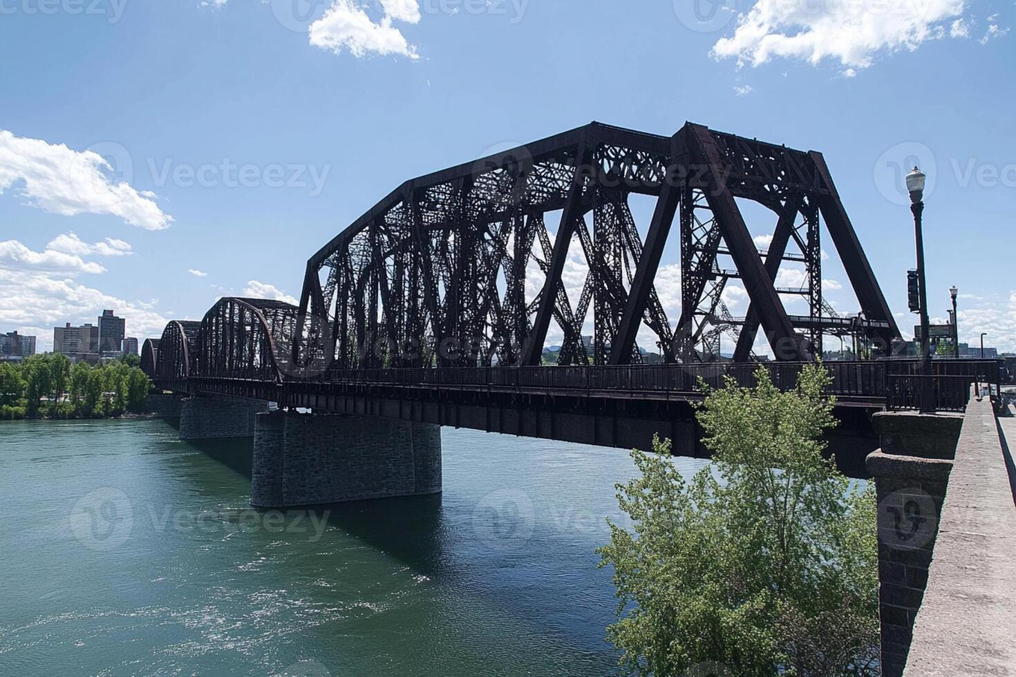 A train bridge crossing over a river with a city in the background photo