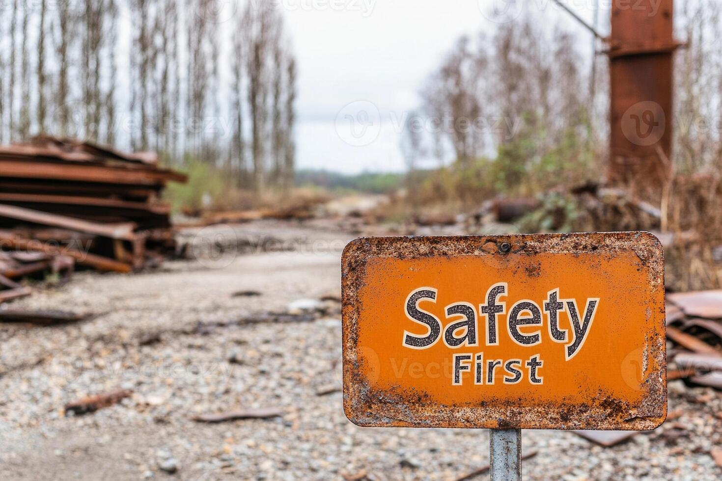 A rusty sign that says safety first photo