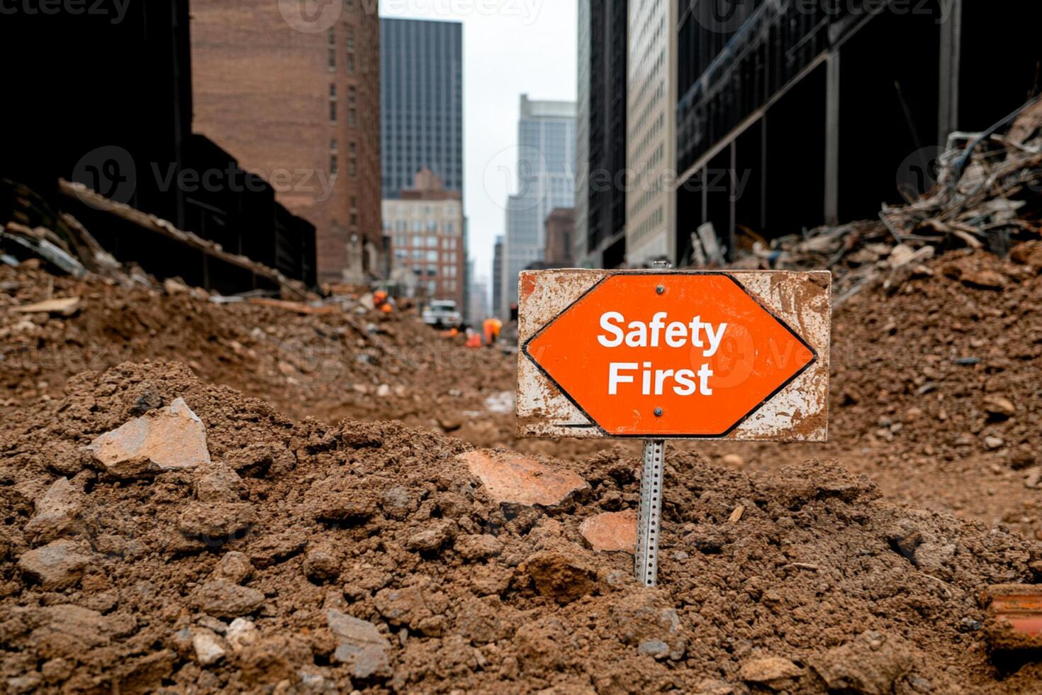 A safety first sign is sitting in the middle of a pile of rubble photo
