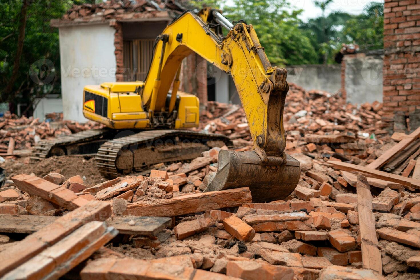 A yellow excavator is digging through rubble photo