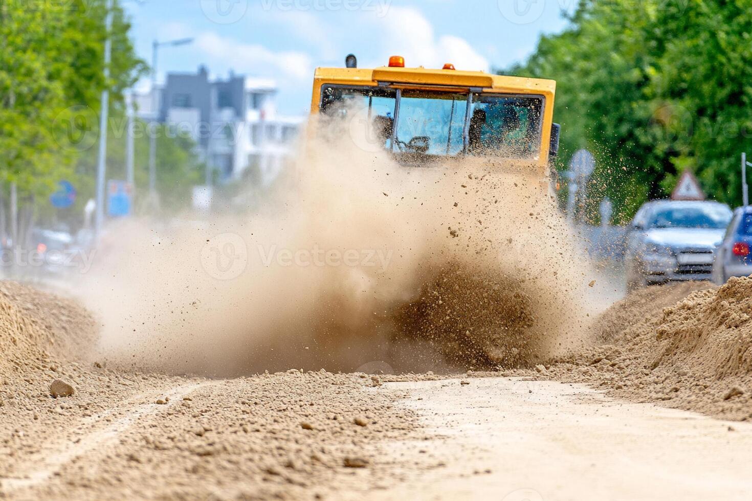 A construction vehicle is driving down a dirt road photo