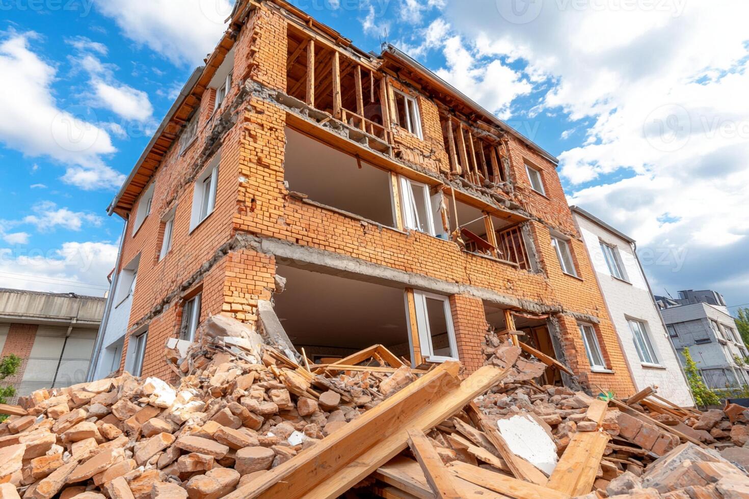 A building is being demolished by a pile of rubble photo