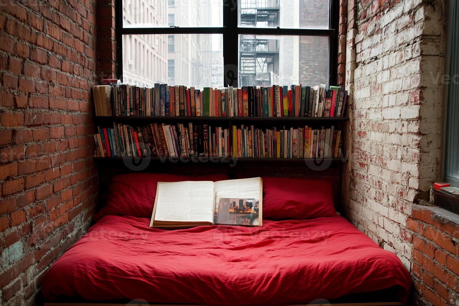A red bed with a book on it in front of a window photo