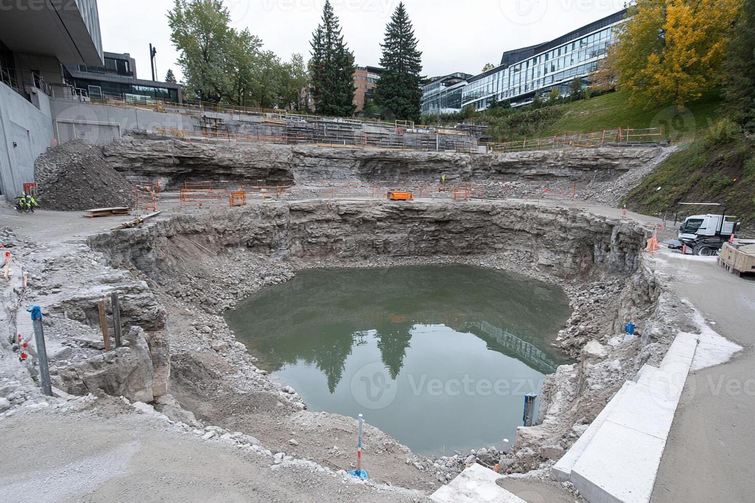A large hole in the ground with a pool in it photo