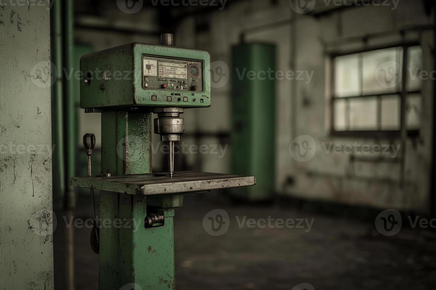 An old machine sits in a room with green walls photo
