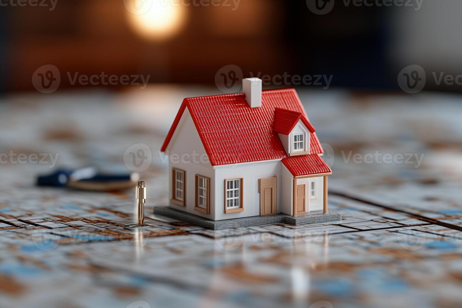 A house sits on top of a map with keys photo