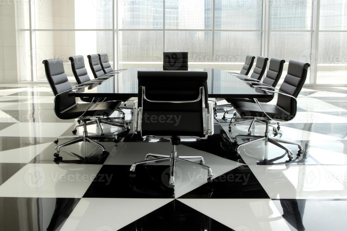 A conference room with black and white checkered floor photo