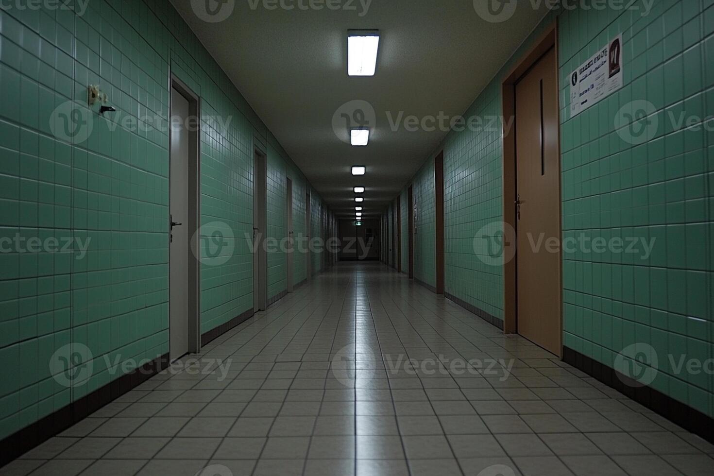 A long hallway with green tiles on the walls photo