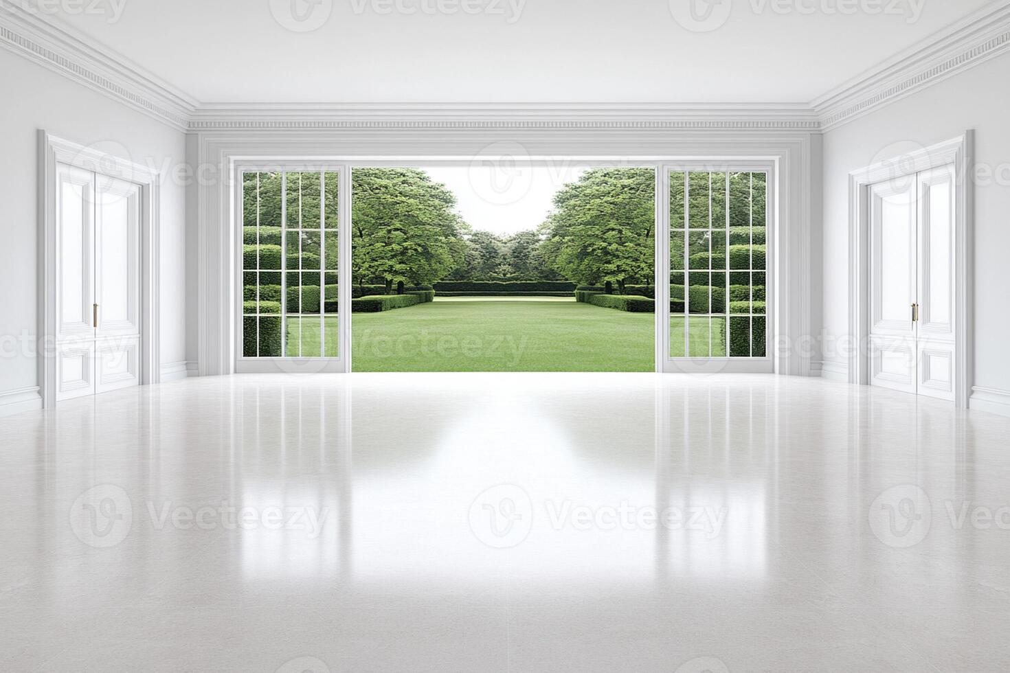 Empty white room with large windows and a green lawn photo