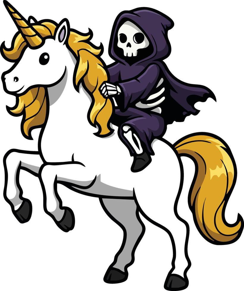 Grim Reaper riding magical white unicorn with golden mane and tail fantasy illustration vector