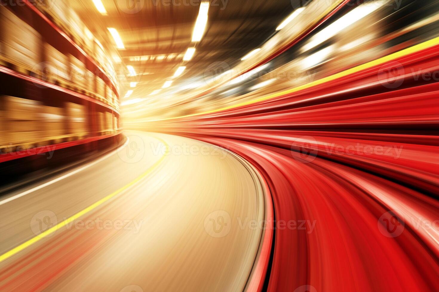 A blurry image of a moving train in a warehouse photo