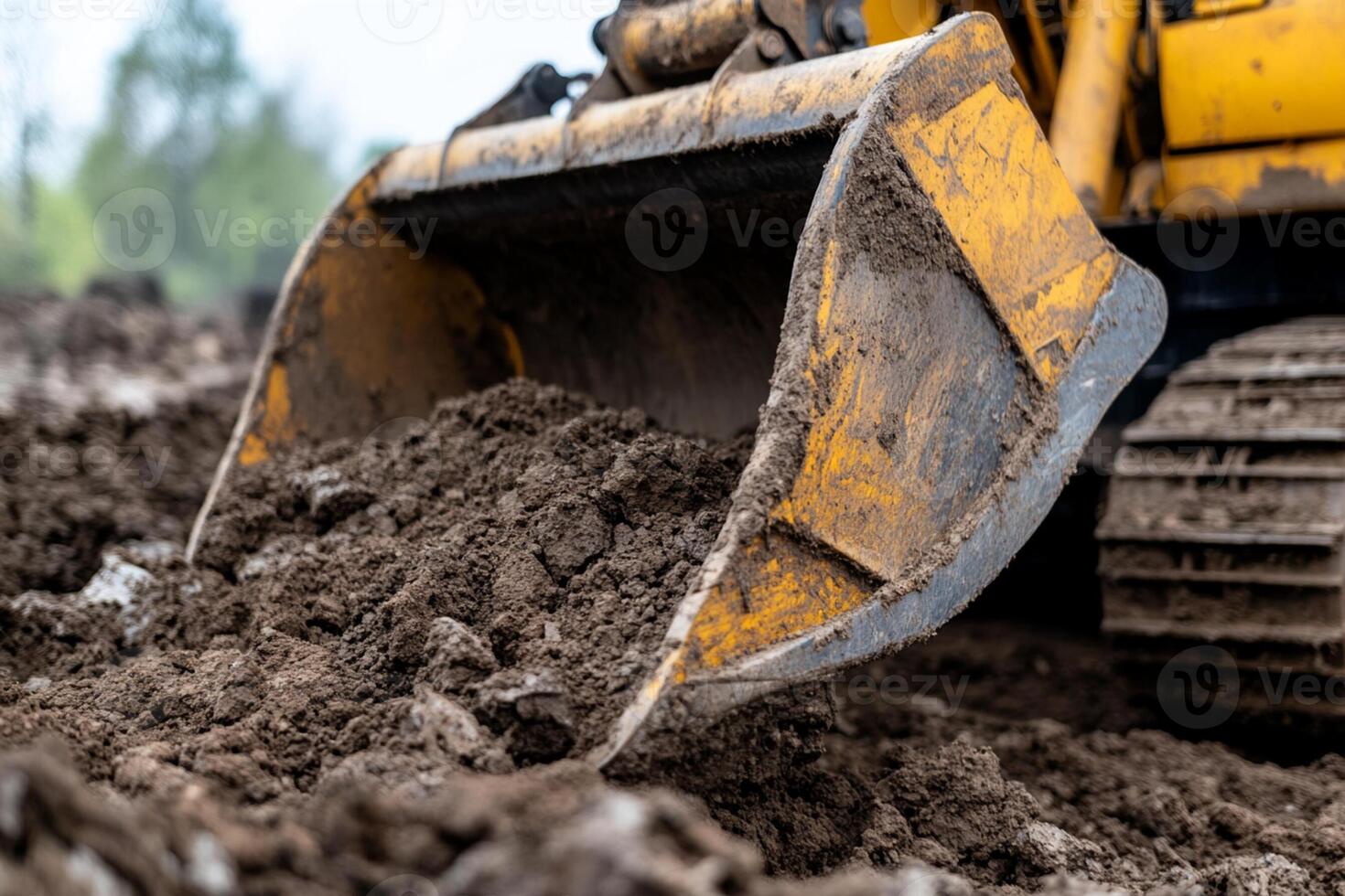 A close up of a bulldozer digging dirt photo