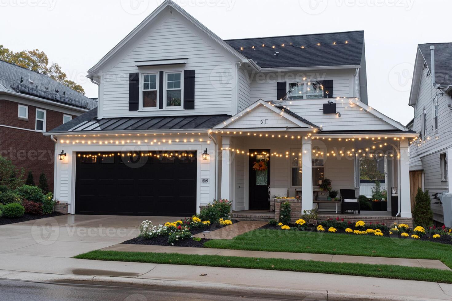 A home with a garage and lights strung across the front photo
