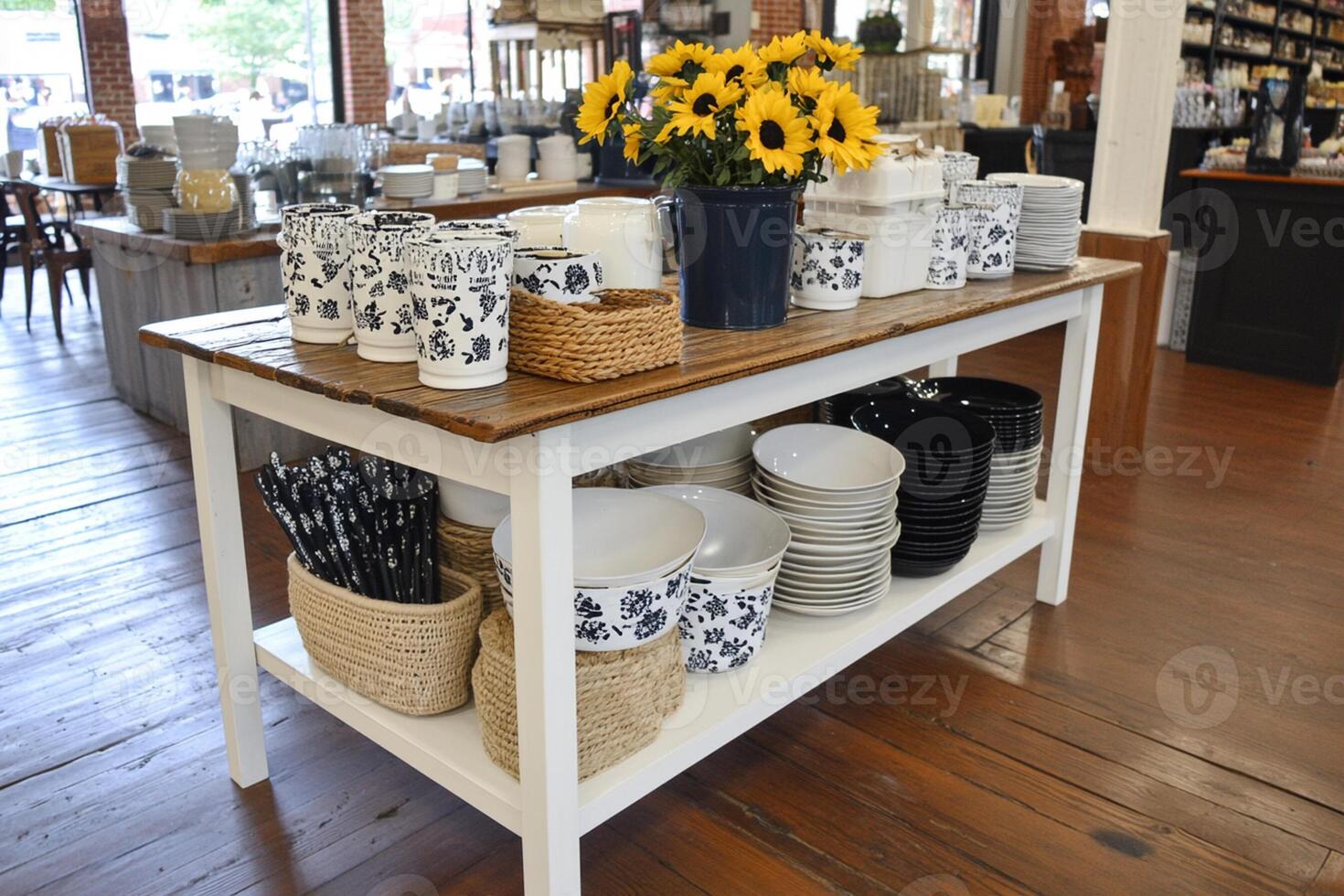 A table with dishes and sunflowers on it photo