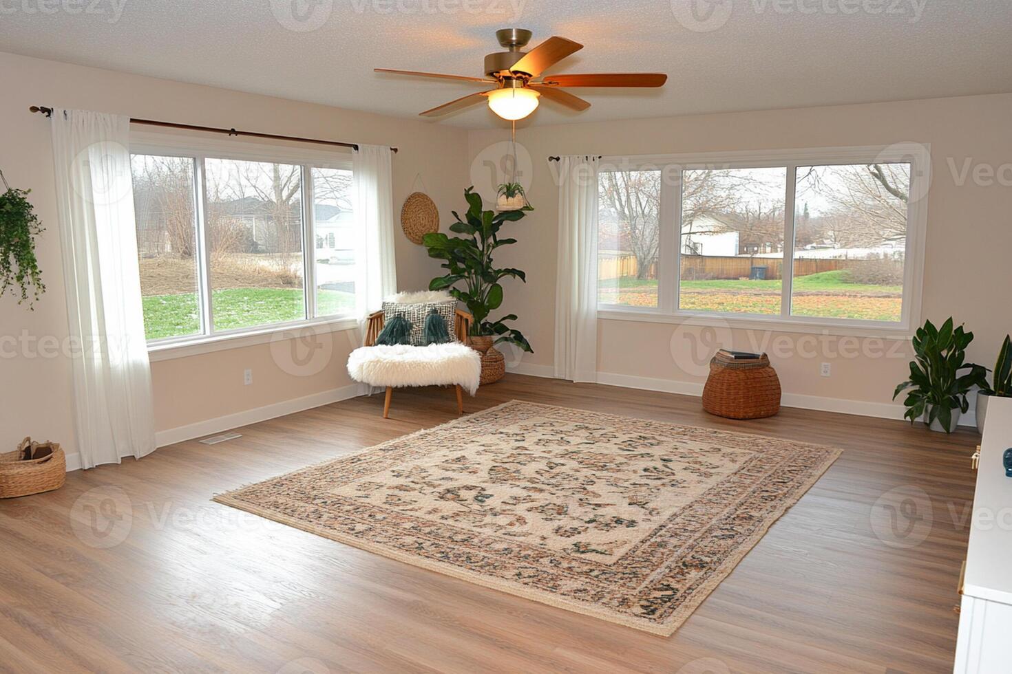 A living room with a rug and a ceiling fan photo