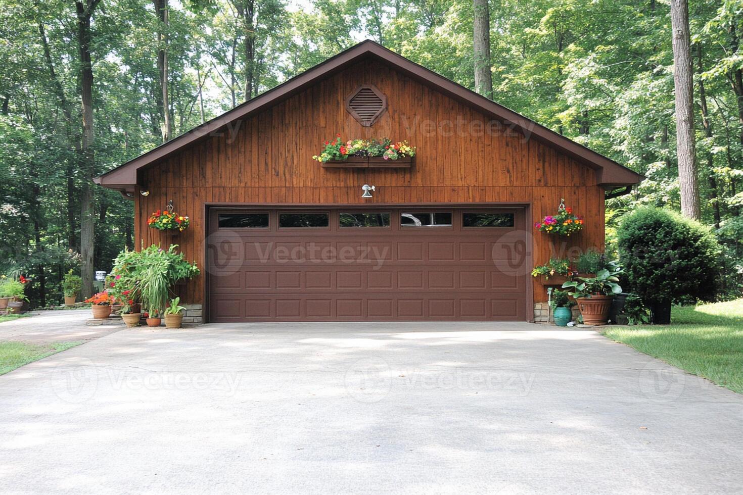 A brown garage with a large brown door photo