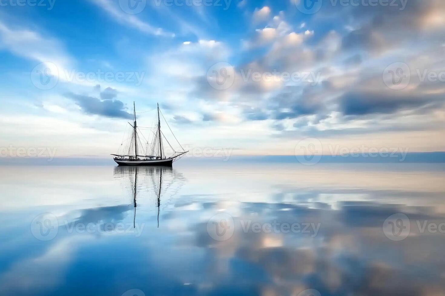 A sailboat is reflected in the water under a blue sky photo
