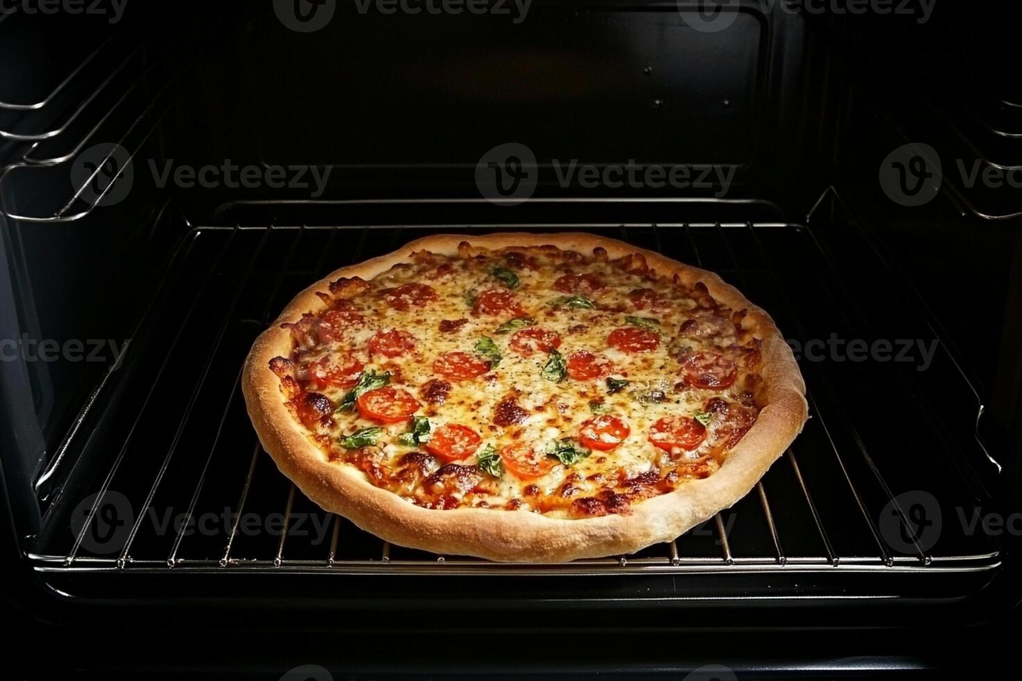 A pizza is cooking in an oven photo