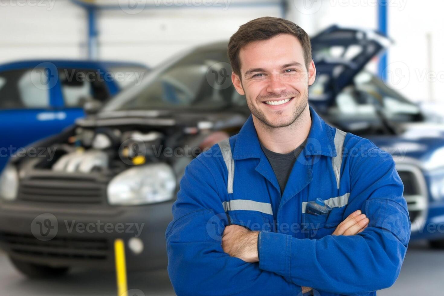 A smiling man in a blue uniform standing in front of a car photo