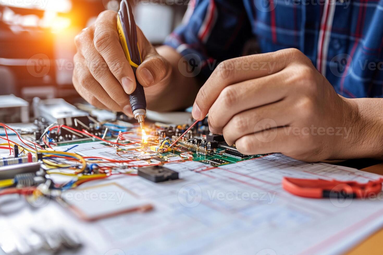 A man is working on electronics with a soldering iron photo